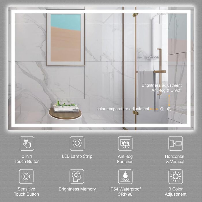 Дзеркало для ванної кімнати з LED підсвічуванням Dripex, 50x70 см, з сенсорним вимикачем, протитуманне, 6400K, енергозберігаюче