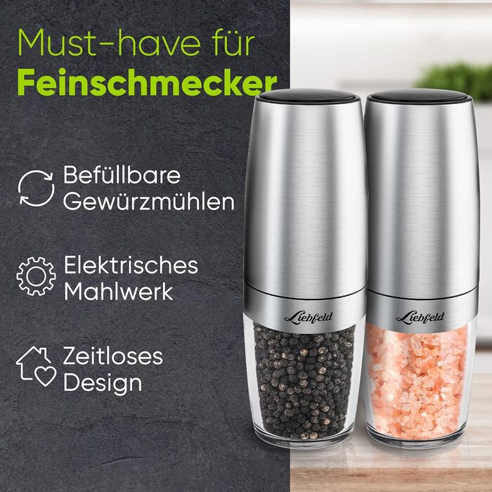 Електричні млини для солі та перцю Liebfeld (2 шт.) з датчиком нахилу - набір з нержавіючої сталі з керамічним жорном