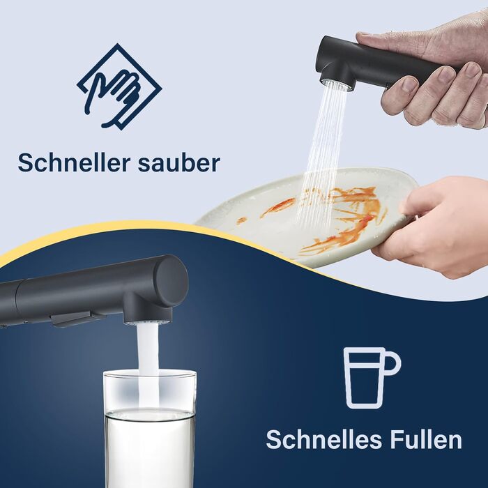 Змішувач для кухні Rozin, чорний матовий, високого тиску, з висувною лійкою 360°, 2 режими, для мийки, з донним клапаном (Orb)