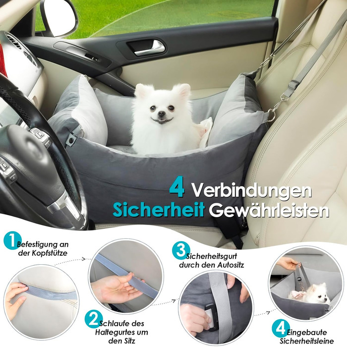 Portable Dog Car Seat for Small & Medium Dogs Under 15KG - Washable & Secure Travel Bed with Storage Pockets