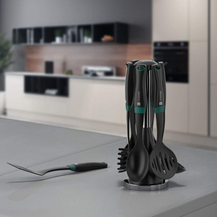 Linoroso Cooking Spoon Set - 6-Piece Nylon Kitchen Utensils - Cooking Utensils, Cookware, Cooking Utensils Set with Swivel Stand and Innovative Weighted Handle - Black & Peacock Green