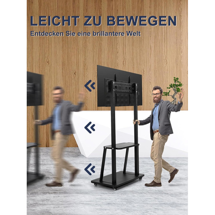 Підставка для телевізора на колесах, мобільний телевізійний візок для 32-75 дюймів LED/LCD/OLED, регульована по висоті, чорна, з полицями для ноутбука та DVD