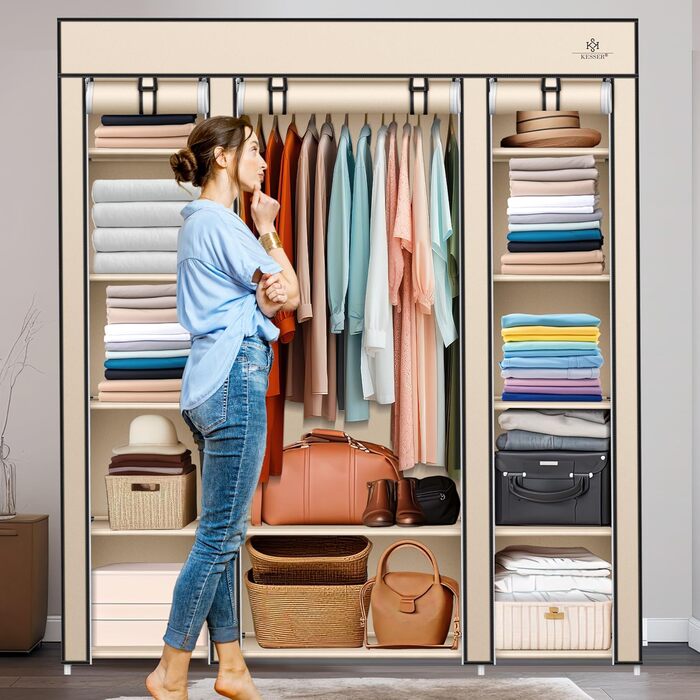 KESSER® Wardrobe Clothes Rack Stable with Clothes Rail & Shelves, Incl. 5x Clothes Hangers, Fabric Folding Wardrobe for Bedroom, Dressing Room Clothes Rack 150x45x175cm (Beige)