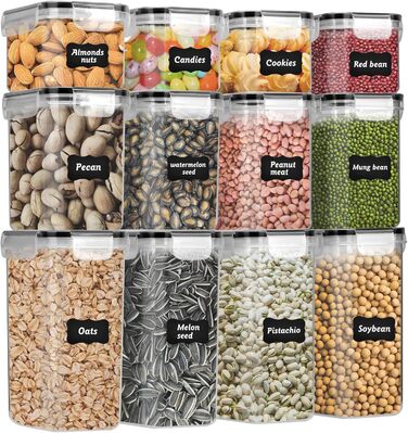 Набір контейнерів для зберігання продуктів 12 шт. з герметичними кришками, BPA-free, PP, з замком, 32 етикетки та маркер (Чорний) (4 x 0.8л / 4 x 1.6л / 4 x 2л)