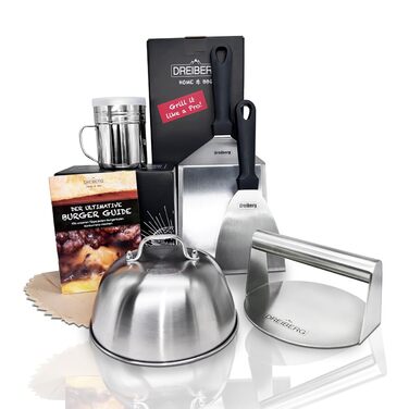 Набір для приготування бургерів DREIBERG® з нержавіючої сталі (7 предметів) для плоскій гриля, газового гриля, тепаньякі. Включає шпатель, папір для бургерів, кришку для плавлення, прес, дозатор спецій та книгу рецептів