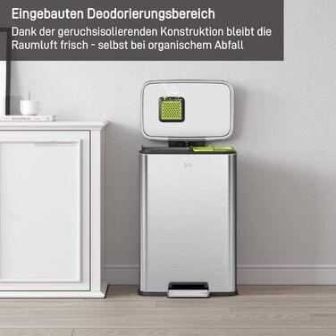 Відро для сміття EKO Madison 30L з висувним контейнером, м'яким закриттям кришки, стійке до відбитків пальців, нержавіюча сталь, прямокутне, з 20 мішками для сміття (25L+20L)
