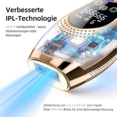 Пристрій для епіляції IPL з охолодженням 6°C, безболісна епіляція для тіла та обличчя, 999 900 імпульсів, 9 рівнів потужності, для тіла, обличчя, зони бікіні