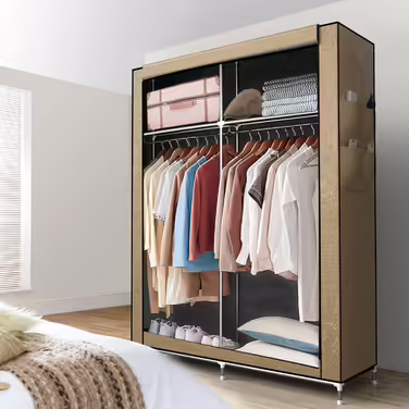 INTIRILIFE Folding Wardrobe 108x170x45 cm in - Fabric wardrobe with zipper and clothes rail, side pocket and compartments - Shelf unit, metal frame, storage (Crème Beige)