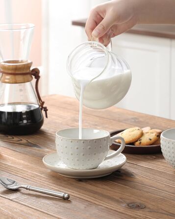 Набір кавових чашок MALACASA з блюдцем, 8 шт. (4 персони), кавовий сервіз з порцеляни, об'єм 180 мл, для кави, чаю, десертів, бежевий