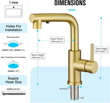 Кран кухонний CREA з 3 функціями: душ, висувний вилив, поворот 360°, матове золото (щітковане)