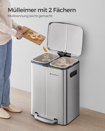 SONGMICS Відро для сміття 40 л з 2 відсіками (2 x 20 л), металевий третемер з пластиковим внутрішнім відром, Softclose, герметичний, білий LTB40WT (срібний)