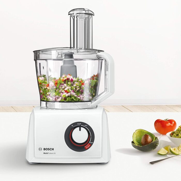 Bosch Compact Kitchen Machine MultiTalent 8 MC812W501, XXL Mixing Bowl 3.9 L, Mixer 1.5 L, Universal Knife, Grater Disc, Slicing/Shredding Combination Disc, Potato Pancake Disc, 1000 W, white