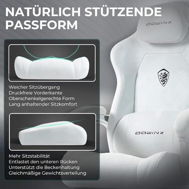 Ігровий крісло Dowinx з ергономічною підтримкою попереку, регульованою підголівником, потовщеним сидінням, висувною підніжкою, регульованими підлокітниками, мікрофібровим велюром, нахилом 160°, білий