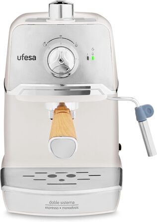 Ufesa 7238 Espresso Machine with Milk Frother, 20 Bar, Cup Warmer, Compact Classic Design, White