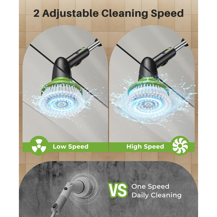 Електрична щітка для прибирання LyriFine, водонепроникна IPX7, з довгим руків'ям, 2 швидкості, змінна насадка, для ванної кімнати, білий (світло-зелений)