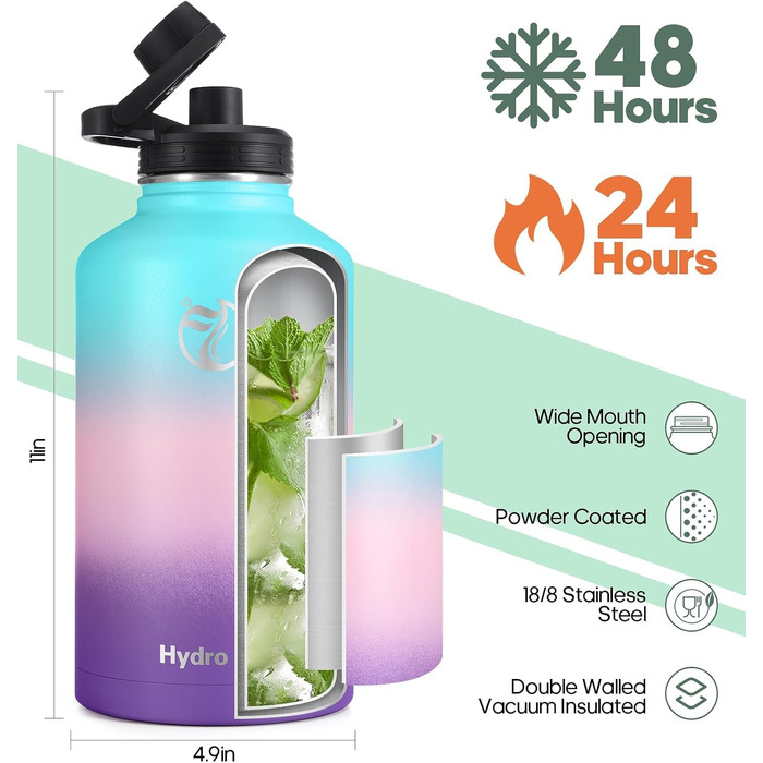 Термофляга HydroPal 1.2л (1200мл) з нержавіючої сталі, BPA-free, 24г холод/12г тепло, герметична, спортивна пляшка з соломинкою та 2 кришками для кемпінгу та подорожей (Блакитна)