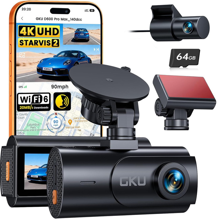 Автомобільний відеореєстратор GKU D600ProMax 4K Ultra HD з передньою та задньою камерами, сенсором STARVIS 2, WiFi 6 та карткою пам'яті SD