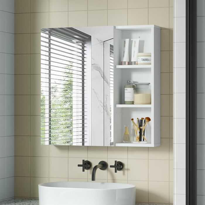 Bathroom cabinet with mirror, mirror cabinet for the bathroom wall-mounted with toothbrush holder and adjustable shelves, ventilation design, 65 x 15 x 65 cm, White