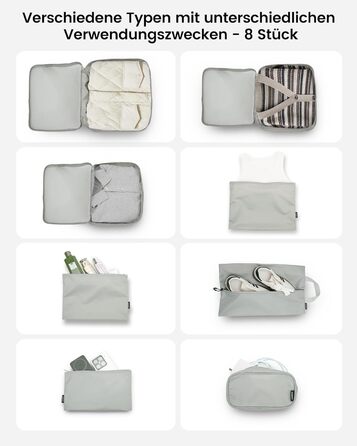 Органайзери для валізи Packing Cubes, 8 шт., сірі - дорожній набір для подорожей, водонепроникні, з косметичкою