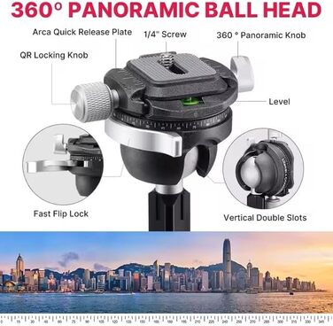 Карбоновий штатив для камери COMAN Zero Y з панорамною кулькою 360° та Arca Swiss, відеоштатив для DSLR, висота 15.3–156.7 см, навантаження до 18 кг