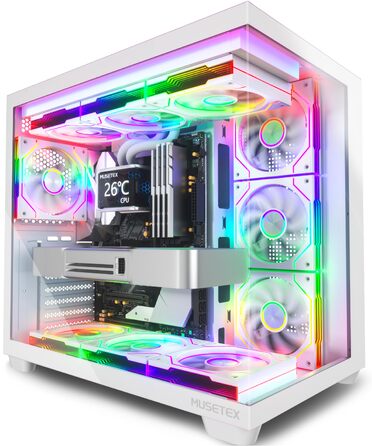Ігровий корпус для ПК Musetex Y6 ATX Mid Tower, 7 ARGB PWM вентиляторів Infinity Mirror, панорамне загартоване скло 270°, USB Type-C, Білий