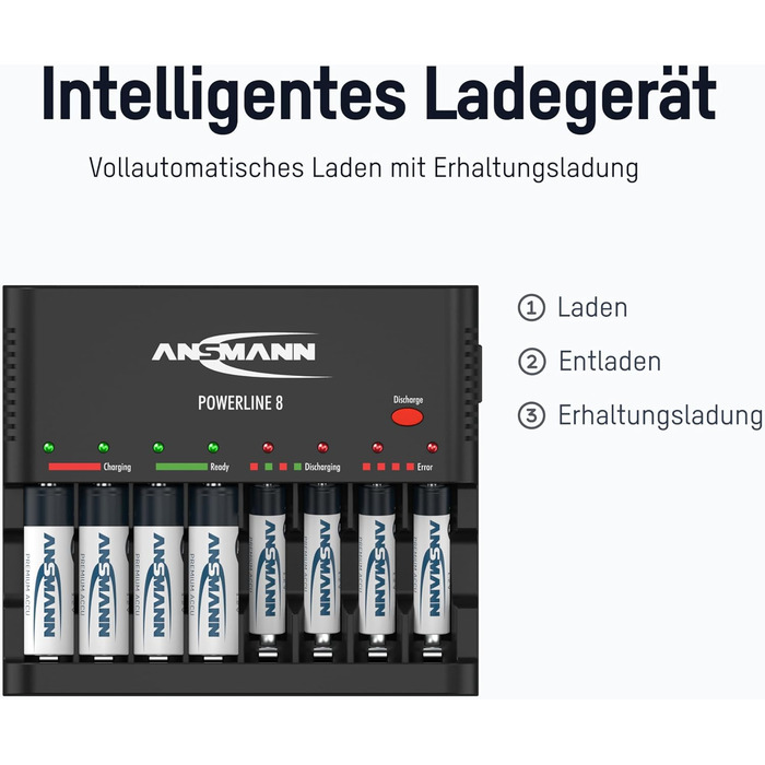 Інтелектуальний зарядний пристрій Powerline 8 для акумуляторів AA/AAA з LED-дисплеєм, дефекторозпізнаванням та захистом від перезаряду