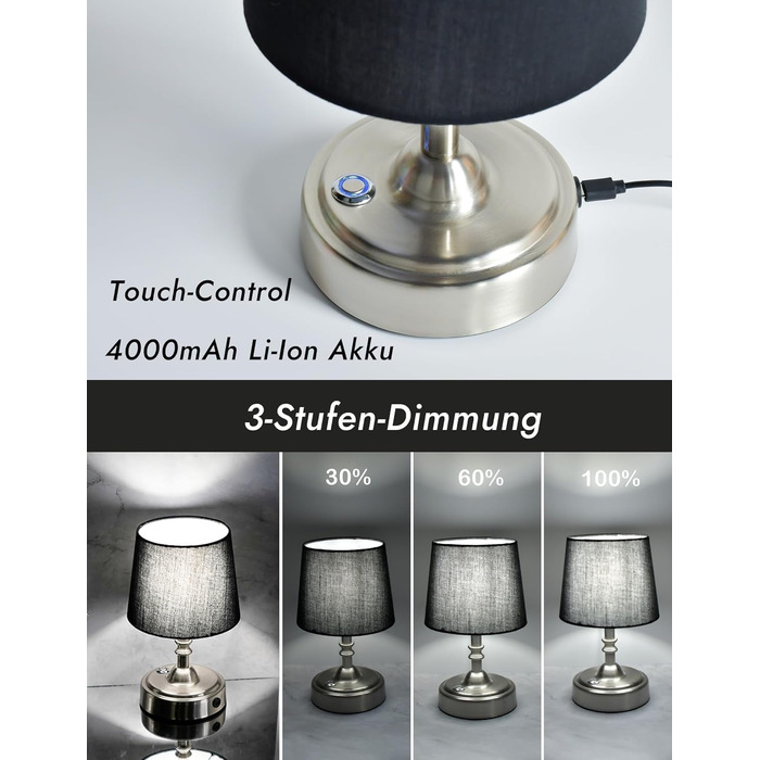 LED-лампа настільна бездротова з акумулятором 4000mAh, тепле світло 2700K, сенсорне керування, з адаптером/кабелем, для спальні, подарунок (золота)