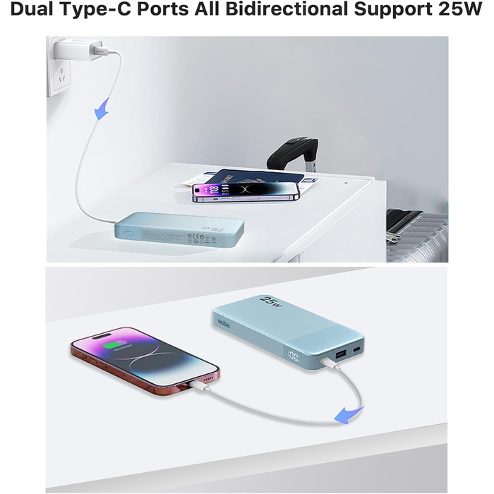 Power Bank NOBIS 10000mAh з цифровою індикацією, 25W, USB-C, блакитний