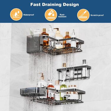 YEAUPE PRO Поличка для душу без свердління в кут – 5-елементний набір для ванної кімнати з 2 кутовими полицями, мильницею, тримачем для зубних щіток та кошиком, самоклеюча поличка на стіну, чорний кутовий кріплення