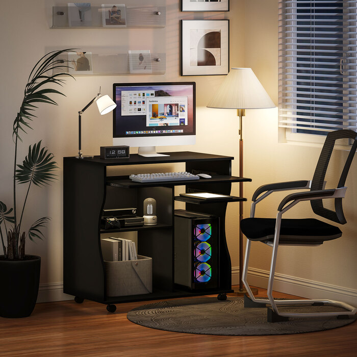 HOMCOM Computer Desk, Rolling Desk, Office Desk with Keyboard Tray, Storage, PC Table Black 80 x 48 x 75 cm | Aosom