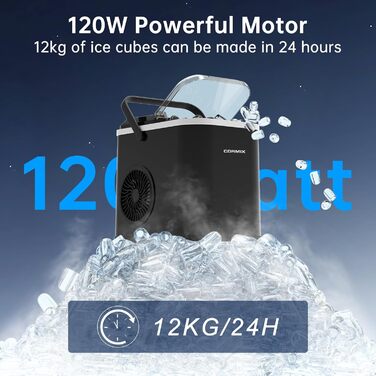 Машина для приготування льоду, 120W, компактна, 8 кубиків за 6 хвилин, 12 кг/24 год, з інфрачервоним датчиком та самоочищенням, для кухні, офісу, бару та вечірки, чорна