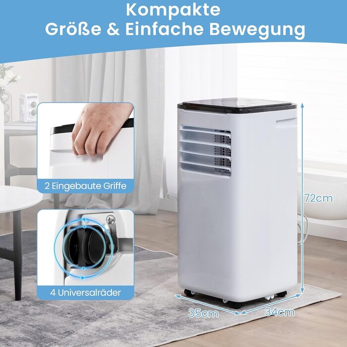 Мобільний кондиціонер COSTWAY 9000 BTU з витяжним шлангом: 4-в-1 (охолодження, вентилятор, обігрів, осушувач), з режимом сну, таймером 24 години, пультом дистанційного керування