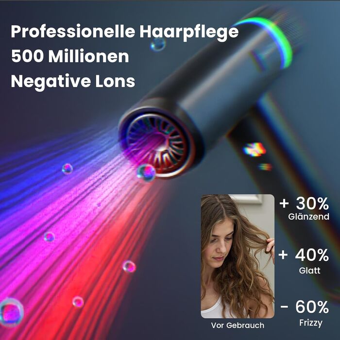 Іонізатор для волосся Föhn: Швидкий фен з дифузором для жінок та чоловіків, 3 режими, 2 швидкості, чорний