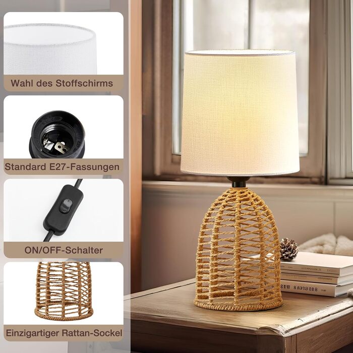 Настільна лампа GyroVu з ротангу, 2 шт. в наборі, Boho стиль, цоколь E27, для спальні, вітальні, читання