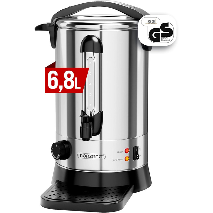 MONZANA® Glühwein Cooker 6.8L with Tap, Drip Tray, Thermostat 30-110°C, Hot Beverage Dispenser, Stainless Steel, Canning Pot, Punch Cooker, Hot Beverage Machine