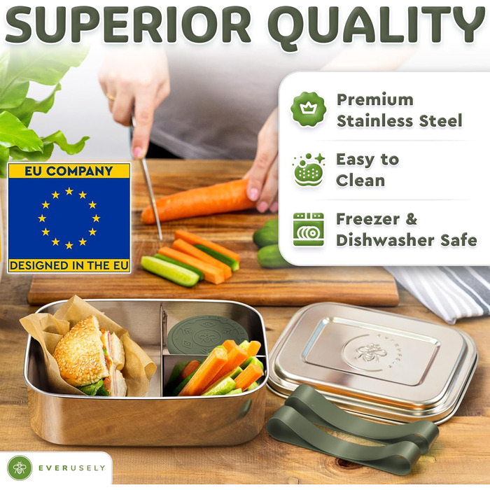 Everusely Bento Box: ланчбокс з нержавіючої сталі, 0,8 л, з контейнером для спецій та органайзером для перекусів (3 відділення)