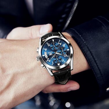 Годинник чоловічий OLEVS Vintage з шкіряним ремінцем, велике циферблат, водостійкий, з датою (2878, блакитний циферблат/чорний ремінець)