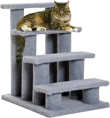 PawHut Pet Stairs Cat Stairs Dog Stairs Stairs for Cats and Dogs 4 Steps Gray 63.5x43x60cm