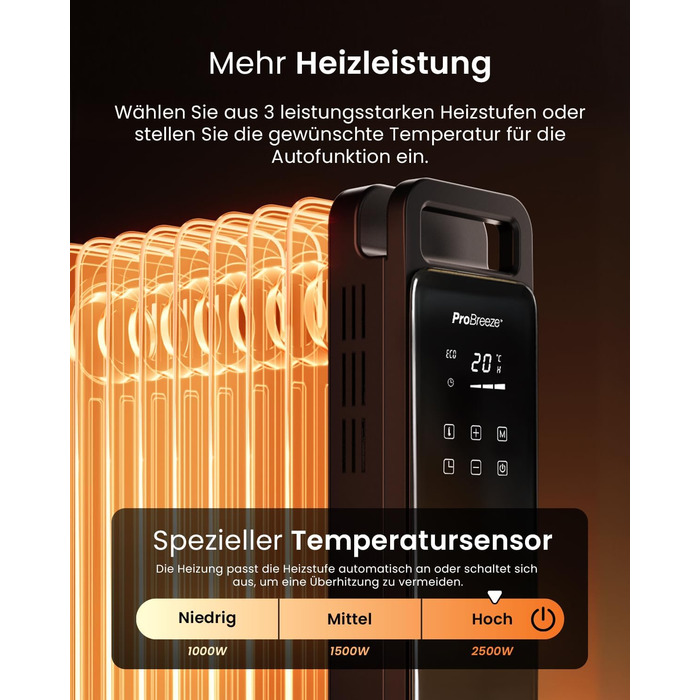 Електричний масляний радіатор Pro Breeze 2500W з 11 ламелями. Розумна система опалення, 3 режими, термостат, Wi-Fi, таймер 24 години, сенсорне керування, захист від перегріву. Білий.