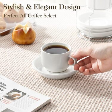 Набір еспресо-чашок MALACASA 4 шт., 75 мл з підставками та стійкою, біле порцелянове виробництво Італії, 120 мл, сумісні з посудомийною машиною