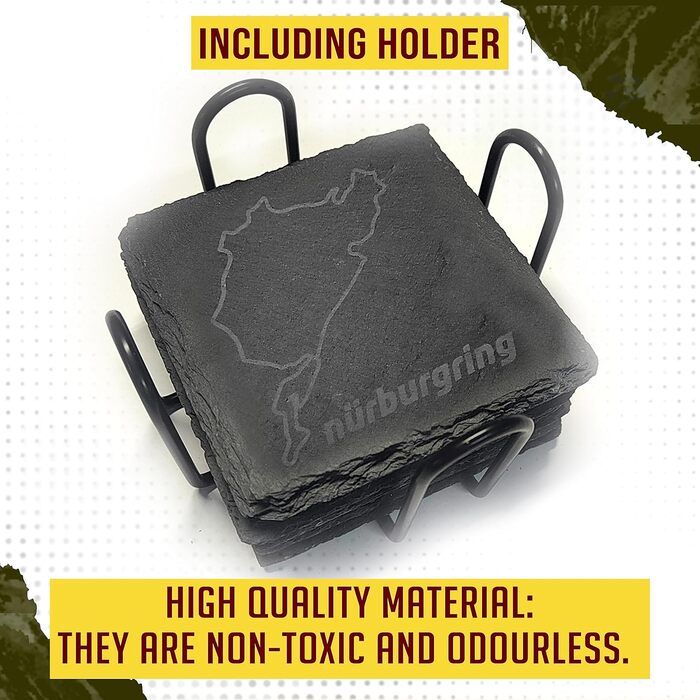 Nürburgring Coasters for Drinks, 6-Piece Set - Coasters made of slate, for home and the dining room, decoration, racing fans