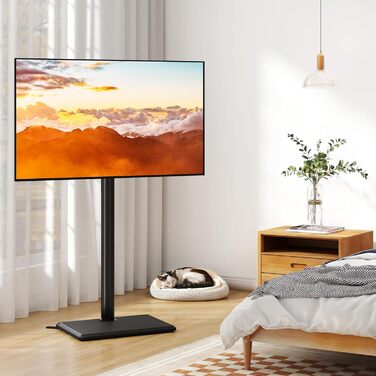 Підставка для телевізора TVON на підлозі з кріпленням для більшості телевізорів 81,3 - 152,4 см (32-60 дюймів) до 40 кг, регульована по висоті, з дерев'яною основою, для економії місця, підлогова підставка для телевізора (Чорний, Дерев'яна основа)