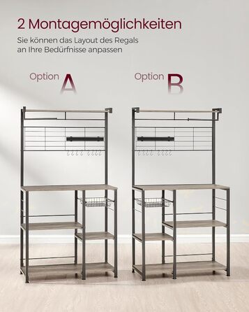 Стелаж кухонний VASAGLE, підлоговий, з магнітною смугою для ножів, кошиком, тримачем для рушників, 12 гачків, вінтажний, коричнево-чорний KKS026B01 (Грейж + Чорний)