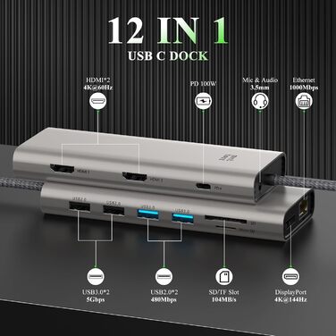 Док-станція Minthouz USB-C для HP, Lenovo, Dell: 12-в-1, 4xUSB, 8K@30Hz/4K@144Hz, 100W PD, Thunderbolt 3/4, 2.5G LAN, SD/TF, 3.5mm, для ноутбуків (Dual HDMI+DP)