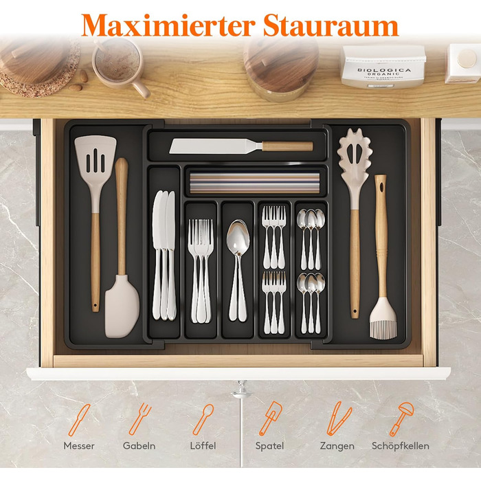 Lifewit Small Cutlery Organizers for Drawers, Expandable Cutlery Insert for Kitchen Drawers, Adjustable Cutlery Box Plastic Cutlery Spoon Fork Knife Holder, 2-Pack, Black