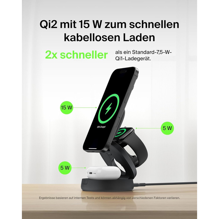 Белкін BoostCharge 3-в-1: Індукційна зарядна станція з Qi2, 15W, MagSafe, для iPhone, Apple Watch, AirPods, з блоком живлення 30W – Чорний