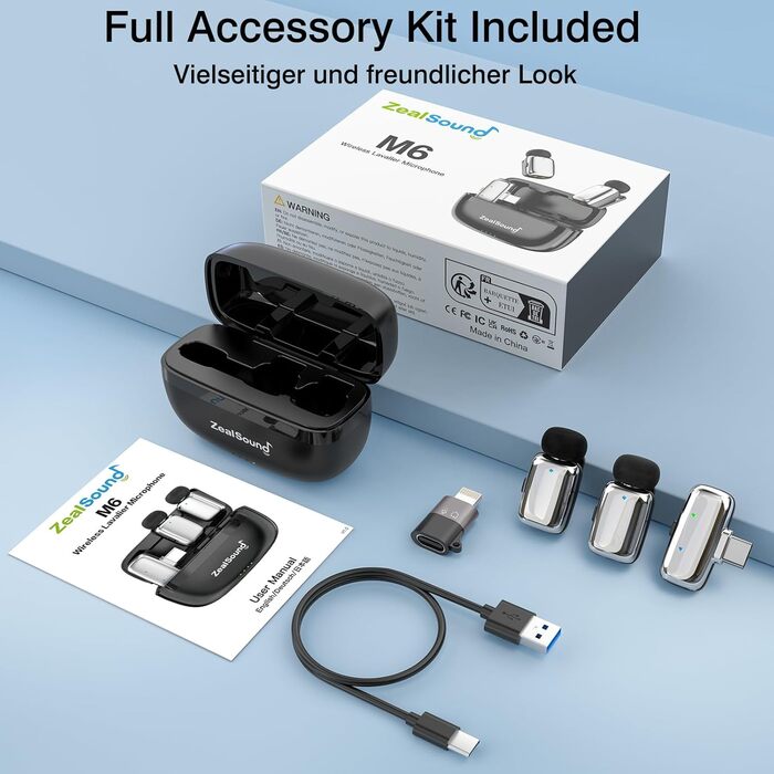 Мікрофон ZealSound Mini Wireless з USB-C/Lightning, для Android/iPhone, з шумозаглушенням, 33h акумулятор, 100м, для Vlogging, TikTok, Podcast, YouTube (M6 Чорний/Срібний)