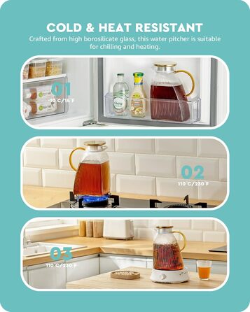 Baffect Carafe Glass with Lid, 1.8L/63oz Refrigerator Glass Carafe with Stainless Steel Lid, High Borosilicate Glass Carafe Pitcher for Hot or Cold Homemade Drinks