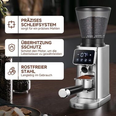 AMZCHEF Електрична кавомолка з регулюванням помелу для еспресо, drip, pour over, cold brew та French press | Срібна