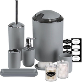 Набір аксесуарів для ванної кімнати IMAVO – 8 предметів сірого кольору (сміттєвий бак, дозатор мила, мильниця, тримач для зубних щіток, тримач для унітазного йоржика, диспенсер для ватних паличок з етикетками)